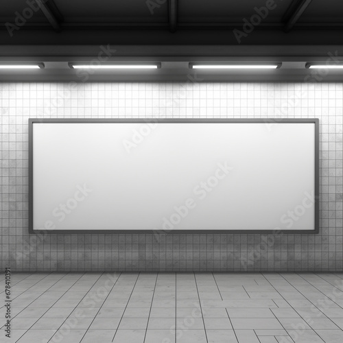 An advertisement, sign or billboard in subway station, in the style of dark white © Avalga