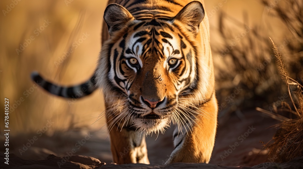 Fototapeta Amidst Midday Illumination, a Tiger Surfaces through a Flap Exhibiting Graceful Power Each Stride