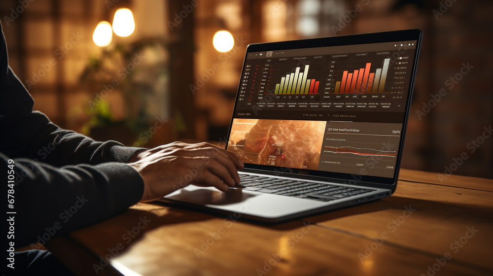 Businessman works on laptop showing business analytics dashboard with ...