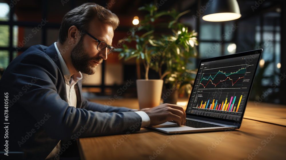 Businessman works on laptop showing business analytics dashboard with ...
