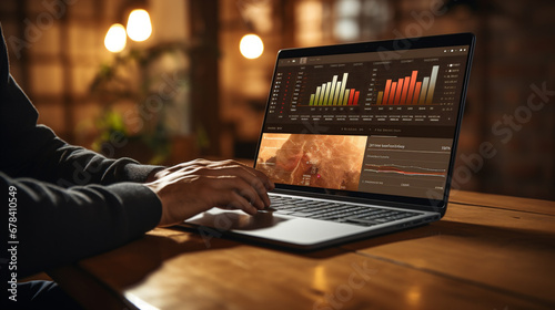 Businessman works on laptop showing business analytics dashboard with charts, metrics, and KPI to analyze performance and create insight reports for operations management. Data analysis concept. AI G