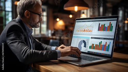 Businessman works on laptop showing business analytics dashboard with charts, metrics, and KPI to analyze performance and create insight reports for operations management. Data analysis concept. AI G