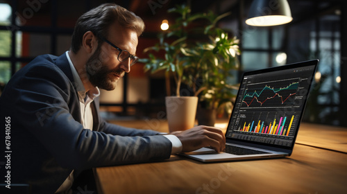 Businessman works on laptop showing business analytics dashboard with charts, metrics, and KPI to analyze performance and create insight reports for operations management. Data analysis concept. AI G