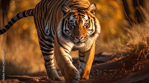 Tiger Emerges from the Back of a Flap in the Midday Light. Each Step Radiates