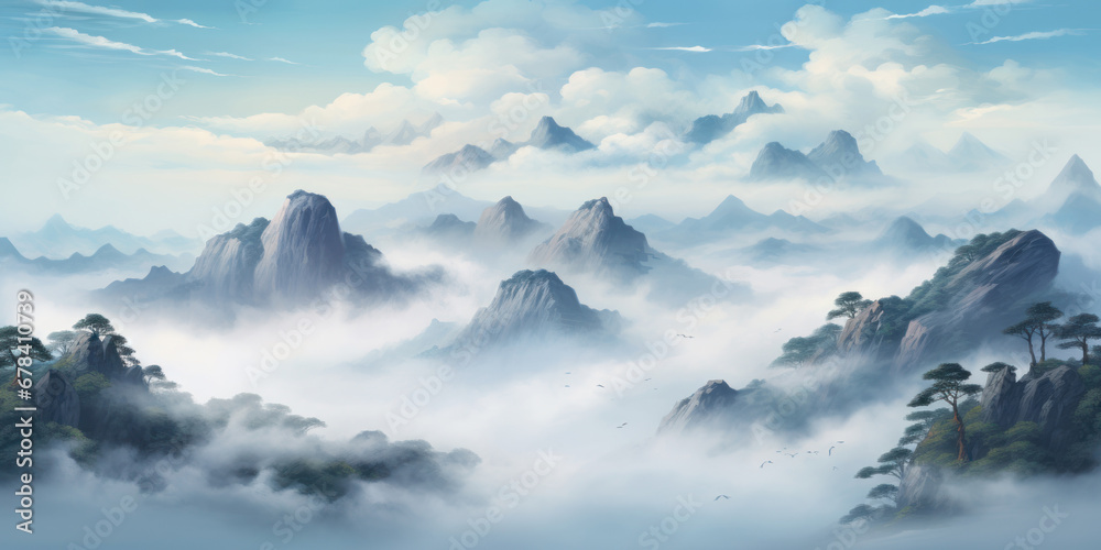 Chinese style pattern, blue sky clouds and mountains background