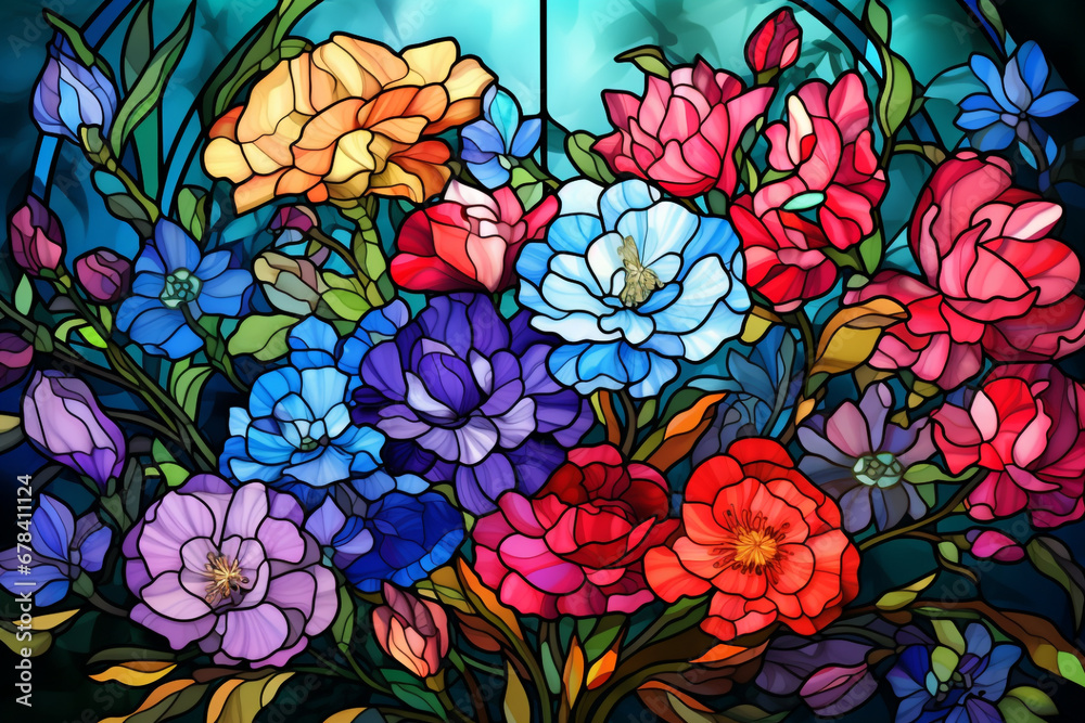 stain glass window with flowers, high resolution made with AI