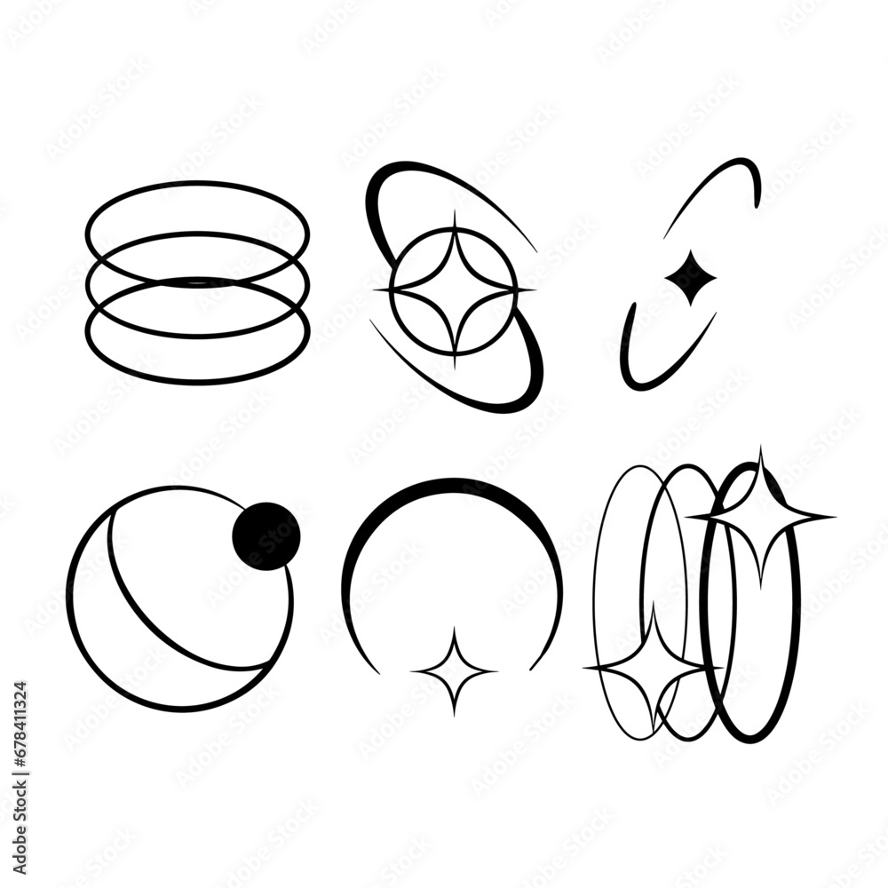 Y2K stars, starburst and retro futuristic graphic set. Collection of Trendy brutal rounded ring collection Y2K stars, starburst and retro futuristic graphic set. Collection of Trendy brutal rounded ring collection
