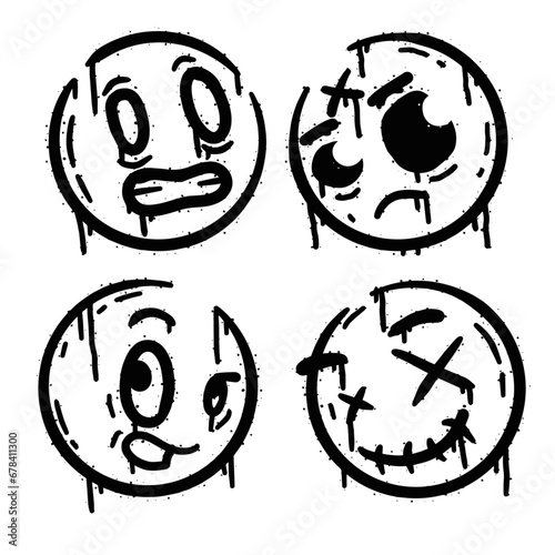 Graffiti grunge face. Cartoon aerosol fun expression. Spray funky paint art with leak and dot. Street art and urban vandalism symbol. Black grungy spill character isolated on white