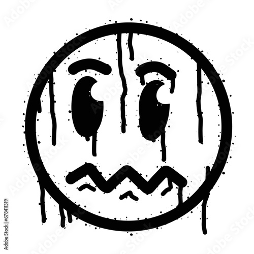 Graffiti grunge face. Cartoon aerosol fun expression. Spray funky paint art with leak and dot. Street art and urban vandalism symbol. Black grungy spill character isolated on white