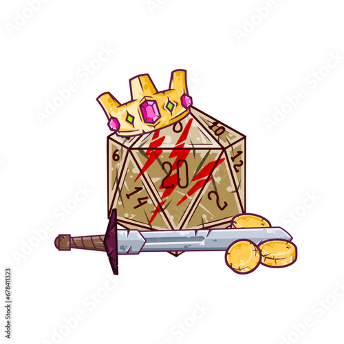 Dice d20 for playing Dnd. Dungeon and dragons board game with sword, gold crown. Cartoon outline drawn illustration