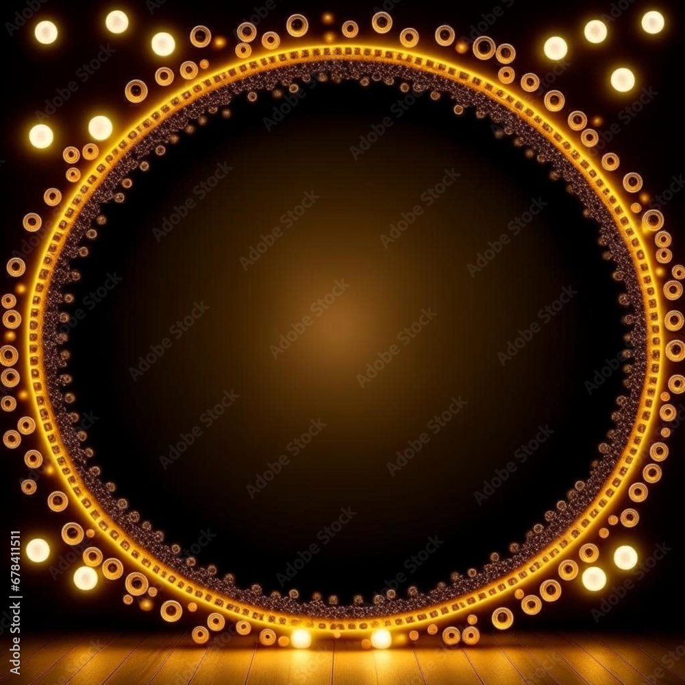 Festive carnival perspective background. Frame for text with many golden glowing circles. Bokeh effect. Design for wallpaper, advertising, flyer, booklet, postcard, poster.