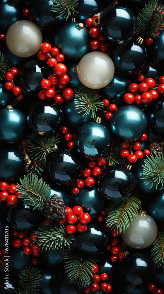 Christmas balls and fir tree branches as background, top view. Flat lay.