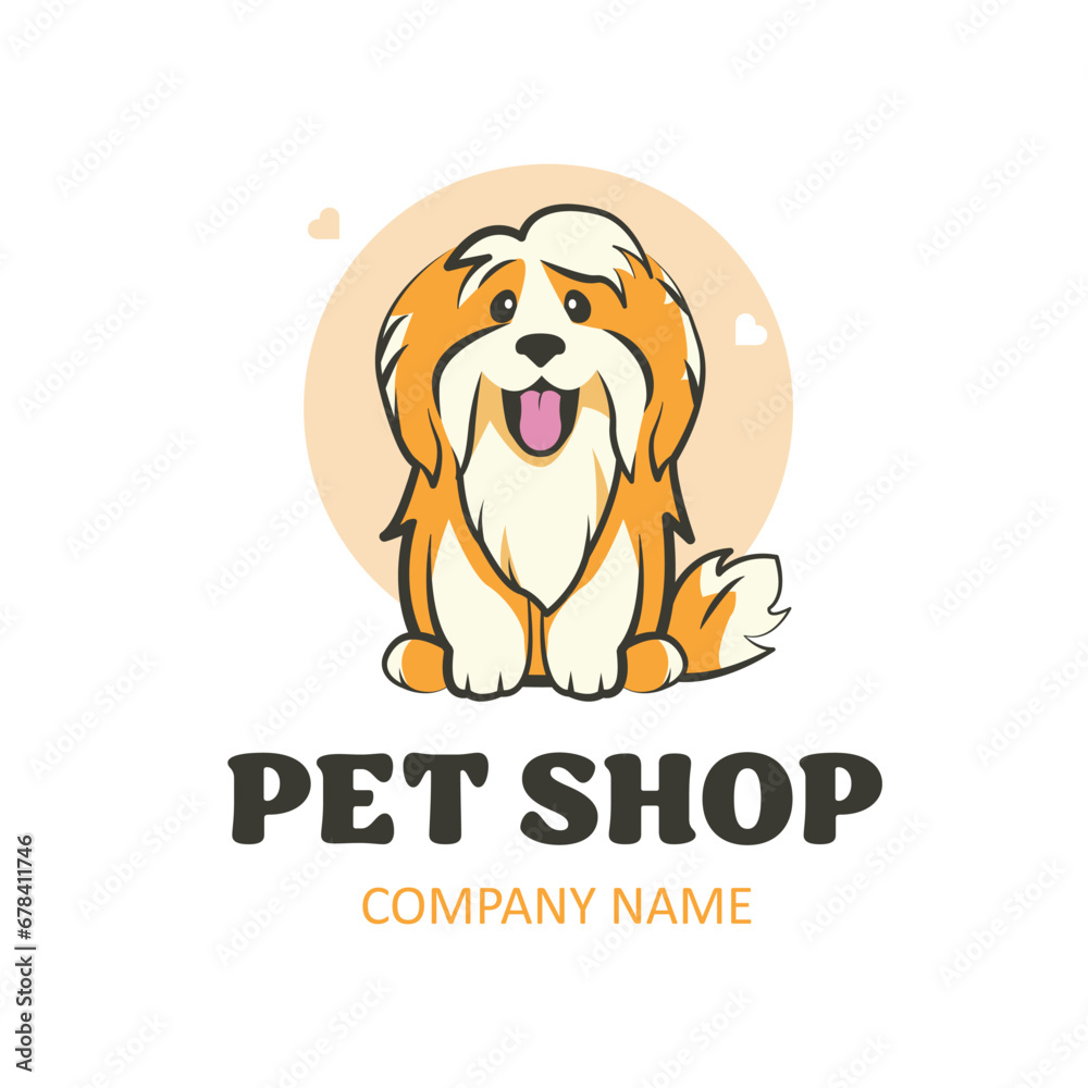 Cute Dog or puppy front view. Pet shop, Veterinary Clinic, Grooming salon logo design template. Happy funny pet animal. Zoo shop emblem Vector illustration isolated on white background.