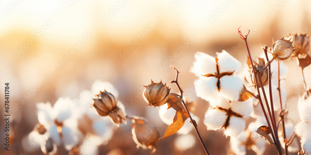 Closeup of cotton balls on a branch in a sunshine rays on the summer field. Generative AI