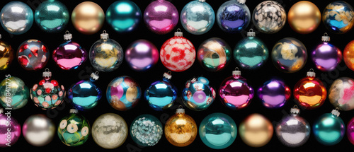 Colorful Christmas baubles on black background.