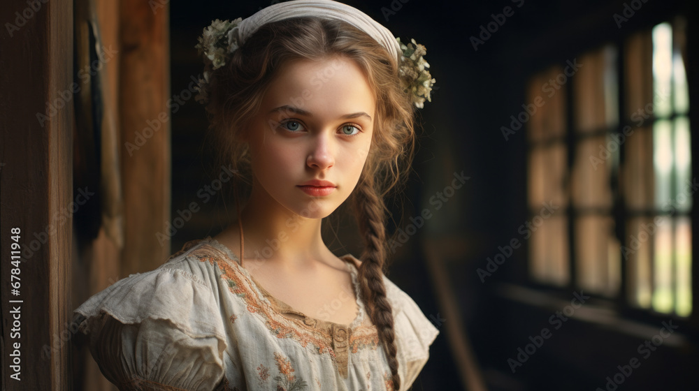 Portrait of a Slavic Girl Adorned in 19th Century Folk Attire, Capturing the Essence of Timeless Heritage - obrazy, fototapety, plakaty 