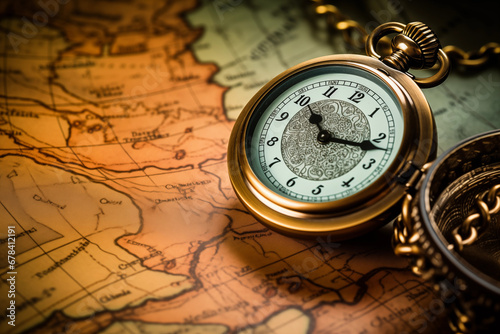 Antique pocket watch on an old map