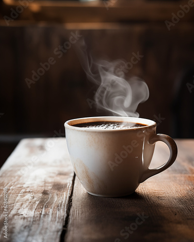 Close-up of a steaming coffee mug on a rustic table photo
