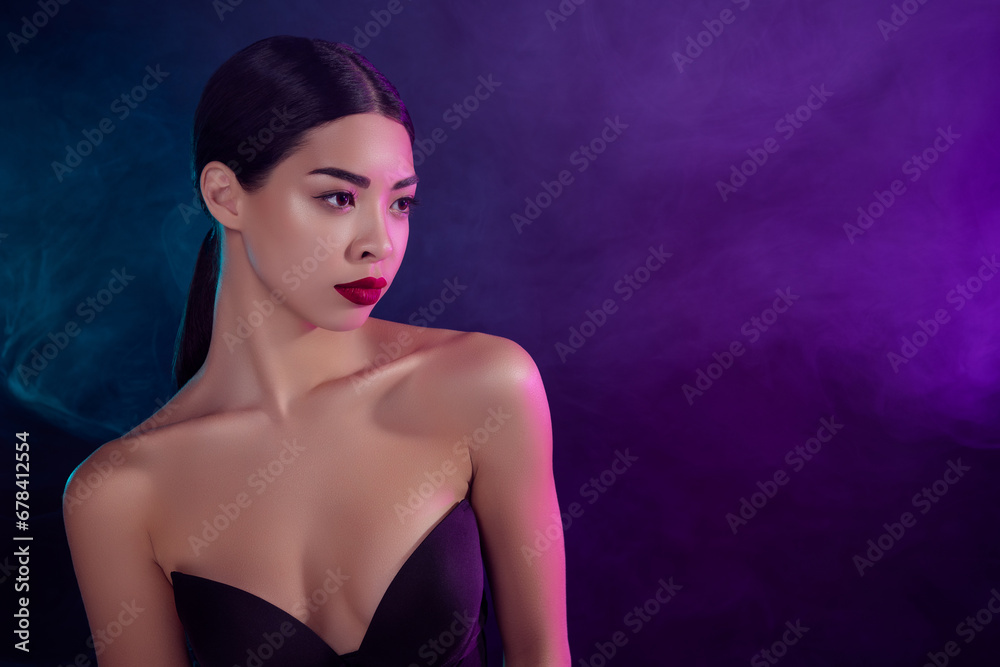 Fototapeta premium Photo of chic classy lady girlfriend on misty neon nightclub dating with rich vip boyfriend