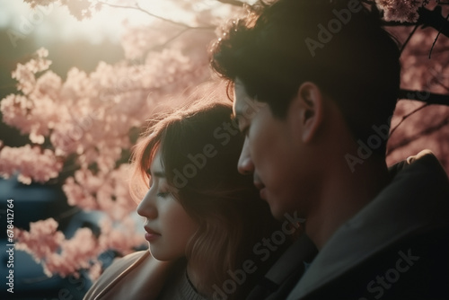 Generative AI image of romantic japanese couple embracing under cherry blossoms at dusk