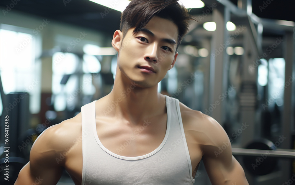 Happy handsome young asian man in a gym.