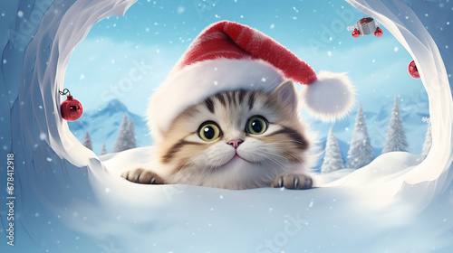 Buraco 3D na parede de neve com um gato fofo e brincalhão usando um chapéu de Papai Noel em uma cena de Natal no Pólo Norte