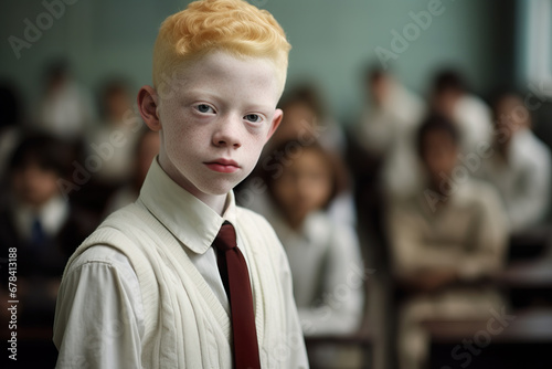 Generative AI illustration of portrait young boy with albinism stands out in a classroom setting his unique features highlighted amongst his peers photo