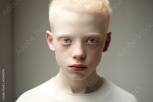 Generative AI illustration of portrait of young boy with albinism featuring his striking pale skin white hair set against a neutral background
