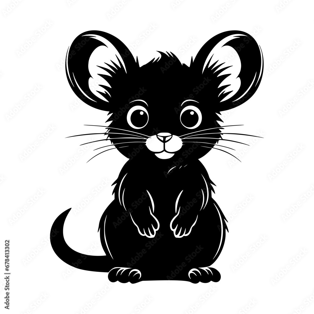 Black and white vector graphic of a cartoon mouse with big eyes and a friendly smile.