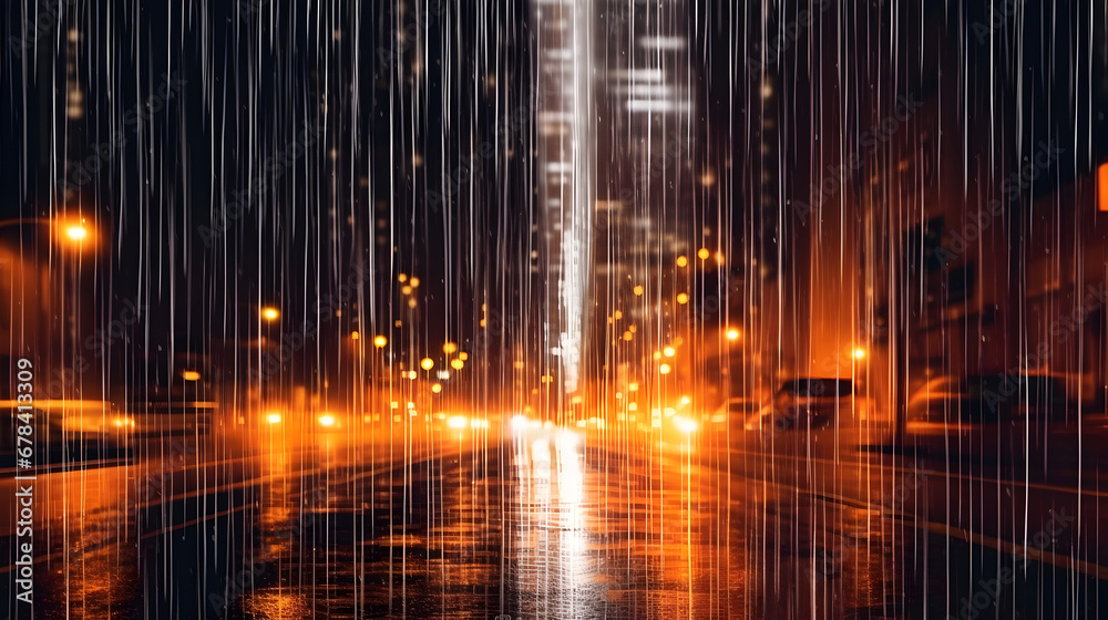Naklejka premium Rainy midnight composition, yellow light tail rain and traffic light reflections in a metropolitan city, black mood and warm lights