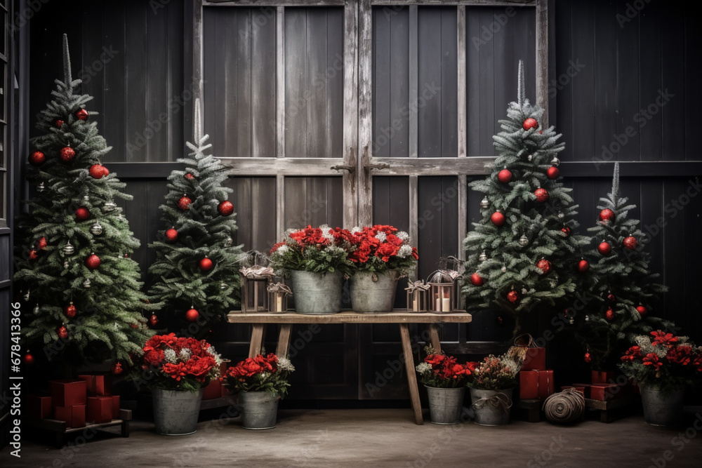a selection of christmas trees and potted plants on made with AI