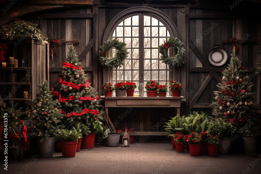 a selection of christmas trees and potted plants on made with AI