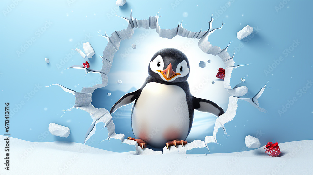 Obraz premium Buraco 3D na parede de neve com um Pinguim fofo e brincalhão usando um chapéu de Papai Noel em uma cena de Natal no Pólo Norte