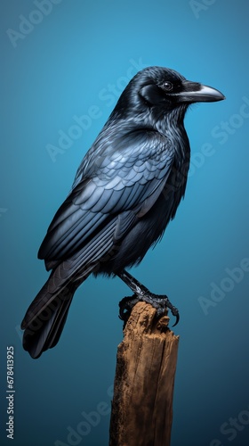 a black bird standing on a piece of wood