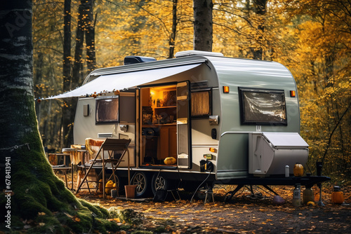 Cozy Trailer of mobile home or recreational vehicle stands in the forest in camping in fall near table set, concept of family local travel in home country on caravan or camper, camping life