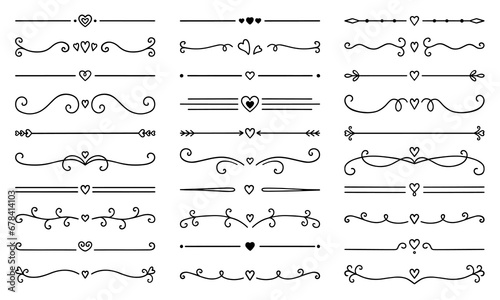 Text dividers with hearts doodle set. Wedding decorative elements. Divider ornament, borders, lines. Hand drawn vector illustration isolated on white background