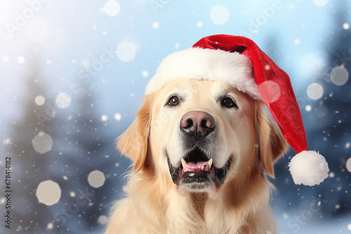 Cute golden retriever dog wearing Christmas red Santa Claus hat in snow falling sky scene. Winter Forest Landscape