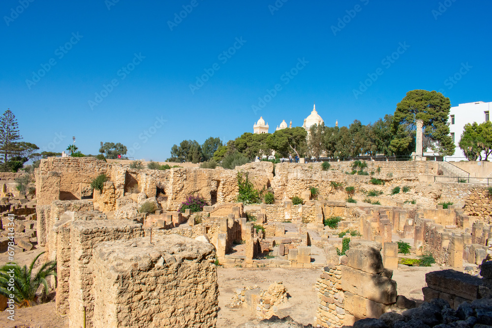 Panoramic view of ancient ruins with thermal baths, archaeological site in Carthage. Tunis, Tunisia
