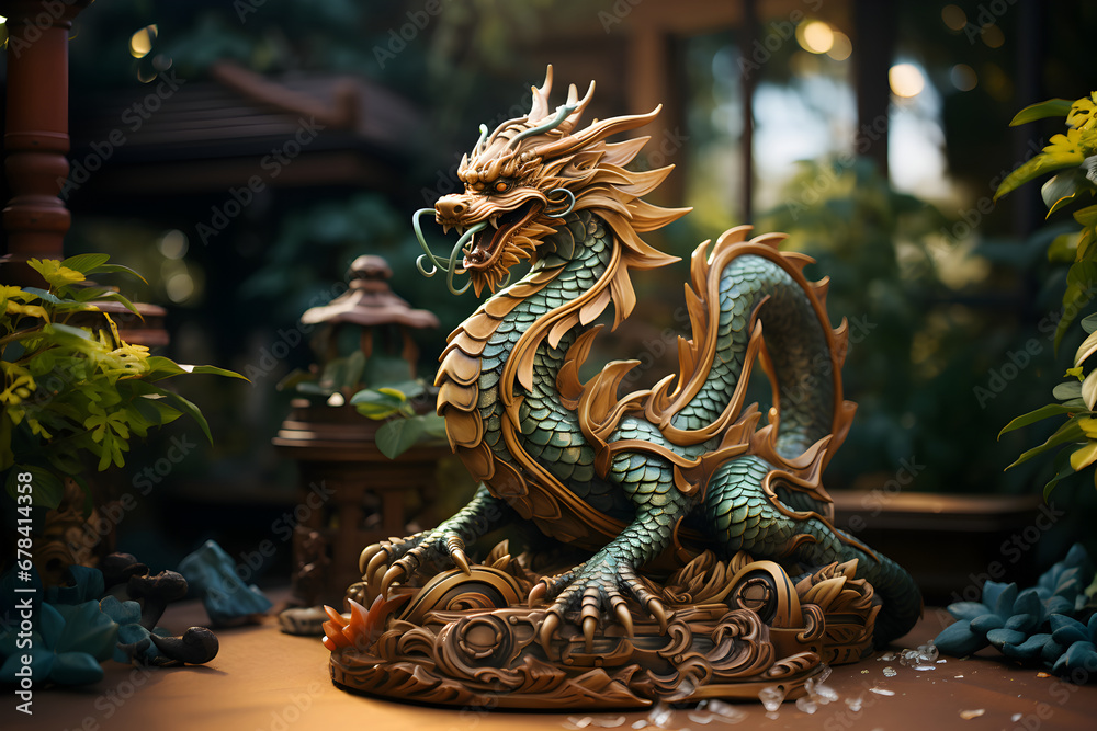 Chinese green and gold wooden dragon statue on the table in the garden. Asian culture symbol of 2024 new year concept.