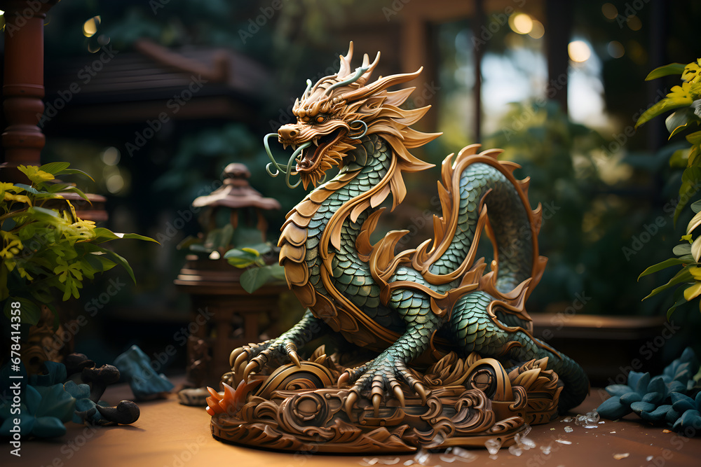 Fototapeta premium Chinese green and gold wooden dragon statue on the table in the garden. Asian culture symbol of 2024 new year concept.