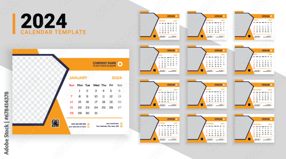 Modern 12 pages desk calendar template for the year 2024 with abstract