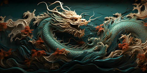 Chinese green and gold wooden texture dragon statue banner on the waves. Asian culture symbol of 2024 new year concept.