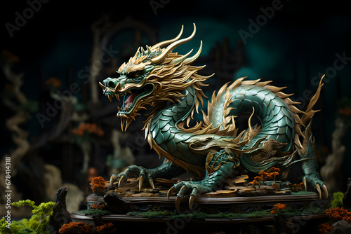 Chinese green and gold wooden dragon statue on dark background. Asian culture symbol of 2024 new year concept. © AnaWein