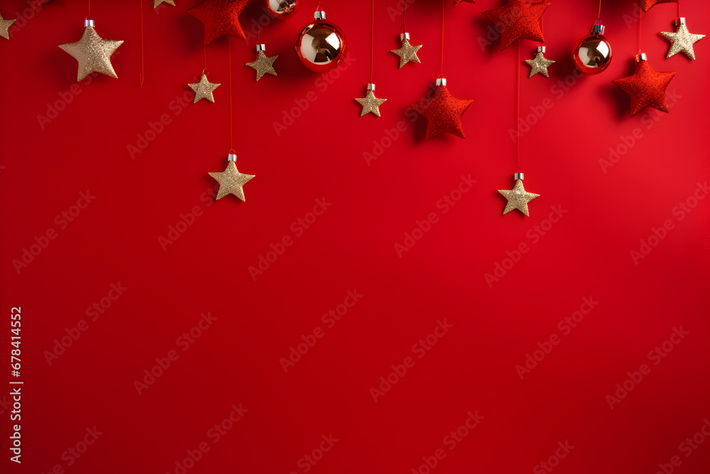 Christmas flat lay mockup with gold balls and stars decoration on red background with copy space. Top view of winter holiday concept composition.