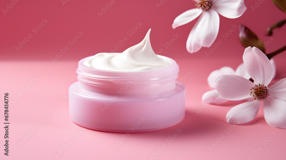 Isolated Beauty Skin Care Elegance in a Pink Oasis with Delicate Flower Touch. Generative AI Isolated Beauty Skin Care Elegance in a Pink Oasis with Delicate Flower Touch. Generative AI