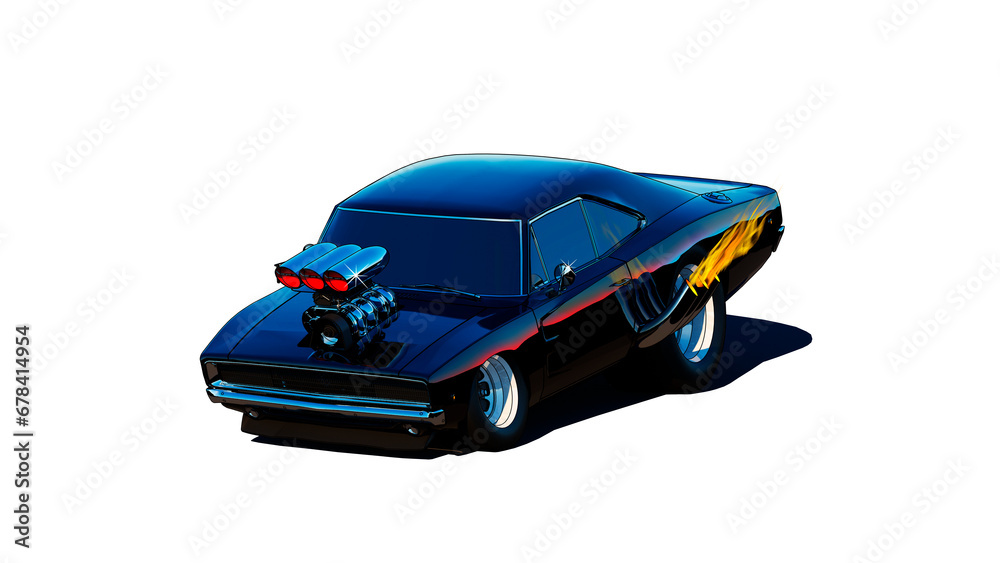 A muscular car with a big engine. Classic American sports car on a transparent background. Car with fire from the exhaust pipe. Printing on T-shirts. 3D rendering A muscular car with a big engine. Classic American sports car on a transparent background. Car with fire from the exhaust pipe. Printing on T-shirts. 3D rendering