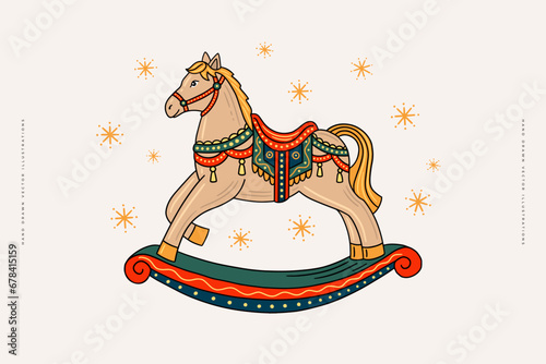 Colorful rocking horse with stars. Vintage children's toy. Design element for New Year and Christmas decoration. Vector illustration on isolated background.