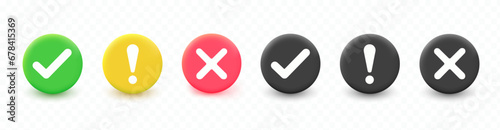 Check mark icons. Tick ​​sign, exclamation mark and cross icon. Yes and No symbols. Modern round badges on transparent background.  Vector illustration