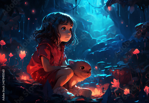 Enchanting Night: A Magical Journey in the Woods with a Little Girl and her Kitten