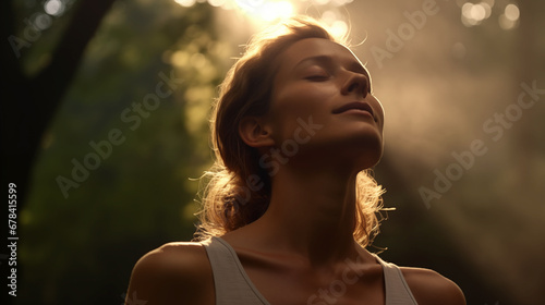 beautiful woman with smile during sunrise in beautiful nature. In the style of feminine empowerment